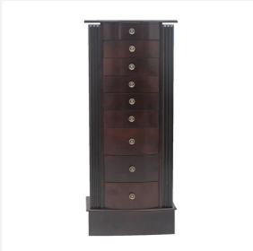 Wooden Floor Standing Jewelry Mirror Cabinet With 9 Layers And 8 Drawers And Double Doors