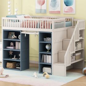 Full Size Loft Bed with 2 Four-layer Storage Cabinets and Curtain,White+Blue