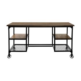 Modern Traditional Aesthetic 1pc Writing Desk with 4x Shelves Metal Casters Natural Finish and Rustic Black Metal Finish