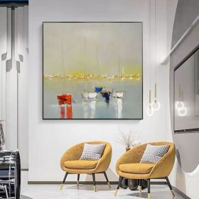 Ocean Wall Art Canvas Oil Painting Sunrise Bathroom Handmade Boat Landscape Posters Picture for Bedroom Beach House Decor