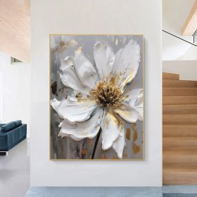 Large Original Gold Flower Oil Painting On Canvas White Flower Wall Decor Gray Flower Canvas Art Luxury Modern Handmade Floral Wall Decor